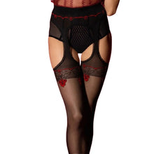 Dresuri sexy FIORE HOSIERY Amour Rouge Suspender Pantyhose, cu bretele și margini dantelate, grosime 20 den, negru cu roșu, mărime 4 (O5028)