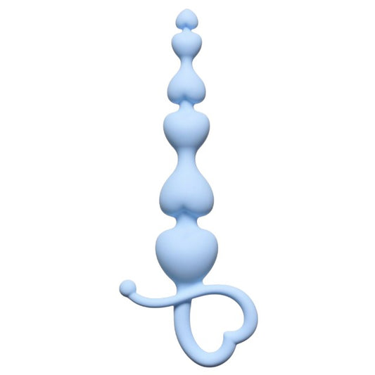 Rozariu anal FIRST TIME Beginners Beads, din silicon, cu inel de extracție în formă de inimă, lungime 18 cm, albastru