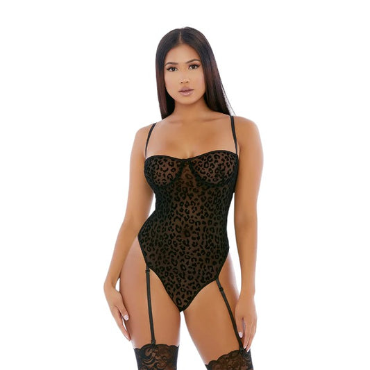 Lenjerie sexy FORPLAY Feline Sexy Teddy, body erotic din plasă cu portjartier, design cu animal print leopard, mărime M