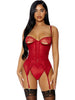 Lenjerie sexy 2 piese FORPLAY Peek Show Teddy Set, body erotic cu dantelă și decupaje + portjartier, roșu, mărime S