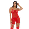 Lenjerie sexy 2 piese FORPLAY Ring It On, rochie cu portjartier + chilot, design din plasă cu corset lateral, roșu, mărime M