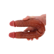 Dildo dublu GET REAL BY TOYJOY Silicone Foreskin Double Dong, pentru dublă penetrare, senzație realistă de piele, 46 cm, culoare caramel