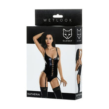 Lenjerie sexy teddy GLOSSY Wetlook KATHERIN Bodysuit cu corset frontal și jartiere, din material lucios, negru, mărime S (955019-S)