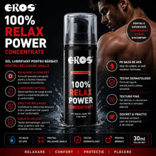 Gel lubrifiant pentru bărbați EROS 100% Relax Power Concentrate MEN, pentru relaxare anală, testat dermatologic, pe bază de apă, 30 ml