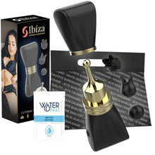 Stimulator clitoris IBIZA Clitorial Stimulator, în formă de fundă, cu 3 huse interschimbabile, 10 funcții de vibrație, negru cu auriu