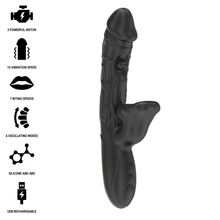 Vibrator dublu IBIZA Oscillating and Biting Vibrator, cu stimulator în formă de gură, cu funcții de mușcături, oscilații și vibrații, negru