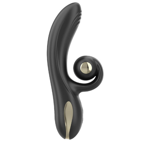 Vibrator dublu IBIZA Twister Vibrator, cu stimulator clitoris curbat, 10 funcții de rotație, 10 funcții de vibrație, negru