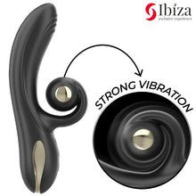 Vibrator dublu IBIZA Twister Vibrator, cu stimulator clitoris curbat, 10 funcții de rotație, 10 funcții de vibrație, negru