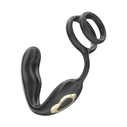 Inel dublu de penis cu vibrator anal IBIZA Wiggle Wearable Vibrator, control prin telecomandă, 10 funcții de rotație, negru