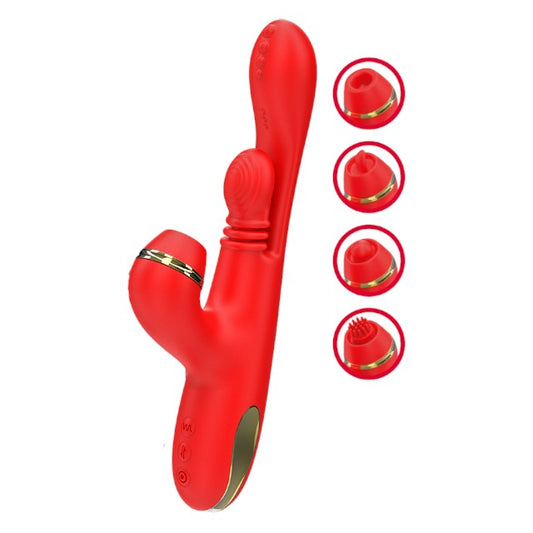 Vibrator triplu INTENSE Katy Multifunction, cu 4 capete interschimbabile, cu funcții diverse, rezistent la apă IPX7, roșu