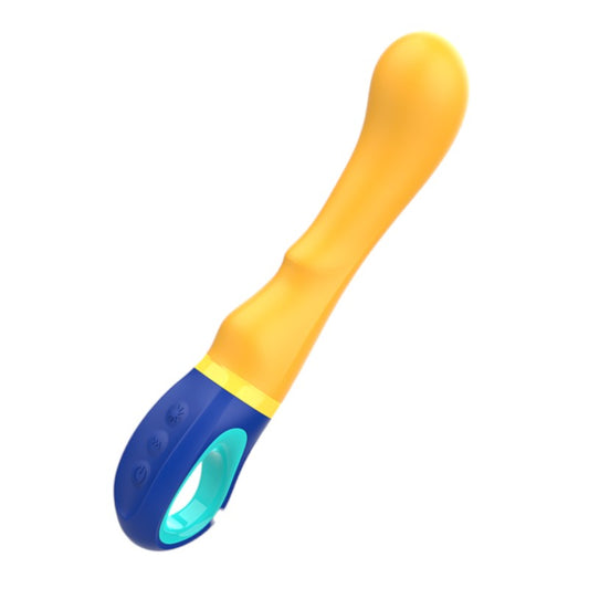 Vibrator INTENSE SHAGGY, design curbat pentru stimularea punctului G, rezistent la apă, lungime inserabilă 12.7 cm, galben cu albastru