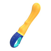 Vibrator INTENSE SHAGGY, design curbat pentru stimularea punctului G, rezistent la apă, lungime inserabilă 12.7 cm, galben cu albastru