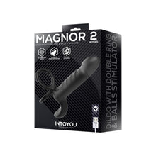 Inel dublu pentru penis cu dildo INTOYOU Magnor, pentru dublă penetrare, stimulare peniană, 10 moduri de vibrație, lungime 19.5 cm, negru