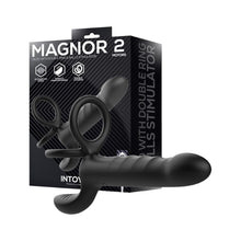 Inel dublu pentru penis cu dildo INTOYOU Magnor, pentru dublă penetrare, stimulare peniană, 10 moduri de vibrație, lungime 19.5 cm, negru