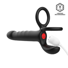 Inel dublu pentru penis cu dildo INTOYOU Magnor, pentru dublă penetrare, stimulare peniană, 10 moduri de vibrație, lungime 19.5 cm, negru