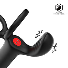 Inel dublu pentru penis cu dildo INTOYOU Magnor, pentru dublă penetrare, stimulare peniană, 10 moduri de vibrație, lungime 19.5 cm, negru