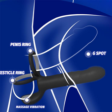 Inel dublu pentru penis cu dildo INTOYOU Magnor, pentru dublă penetrare, stimulare peniană, 10 moduri de vibrație, lungime 19.5 cm, negru
