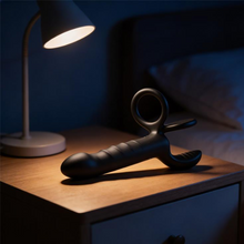 Inel dublu pentru penis cu dildo INTOYOU Magnor, pentru dublă penetrare, stimulare peniană, 10 moduri de vibrație, lungime 19.5 cm, negru