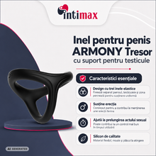 Inel pentru penis ARMONY Tresor, cu suport pentru testicule, pentru stimularea erecției, din silicon, negru