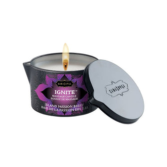 Lumânare pentru masaj KAMASUTRA Ignite Island Passion Berry, aromă de fructul pasiunii și fructe de pădure, 170 gr
