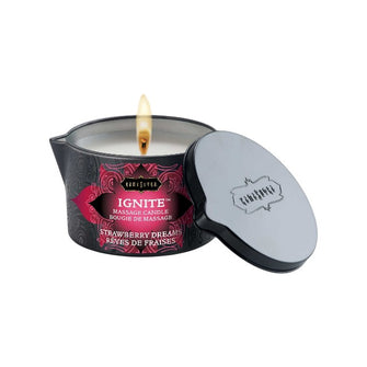 Lumânare pentru masaj KAMASUTRA Ignite Strawberry Dreams, cu unt de shea, aromă de căpșuni, 170 gr