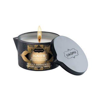Lumânare pentru masaj KAMASUTRA Ignite Vanilla Sandalwood, cu unt de shea, aromă de vanilie și lemn de santal, 170 gr