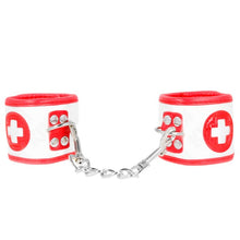 Cătușe sexy asistentă KINK Mini Nurse Wrist Restraints, pentru jocuri erotice, mărime ajustabilă, culoare alb cu roșu