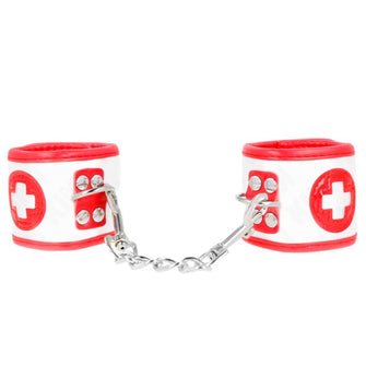 Cătușe sexy asistentă KINK Mini Nurse Wrist Restraints, pentru jocuri erotice, mărime ajustabilă, culoare alb cu roșu