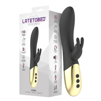 Vibrator LATETOBED Leums Silicone Rabbit, cu stimulator dublu, funcție de încălzire, 10 funcții de vibrație, negru cu auriu