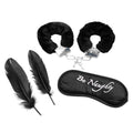 Set 3 accesorii bondage LATETOBED, BDSM Line, catușe pufoase, mască din satin "Be Naughty", pene pentru stimulare senzorială, negru