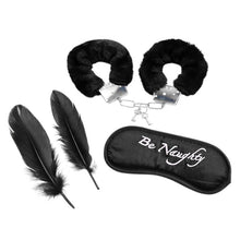 Set 3 accesorii bondage LATETOBED, BDSM Line, catușe pufoase, mască din satin "Be Naughty", pene pentru stimulare senzorială, negru