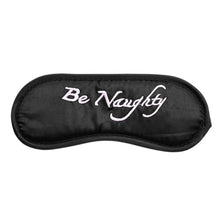 Set 3 accesorii bondage LATETOBED, BDSM Line, catușe pufoase, mască din satin "Be Naughty", pene pentru stimulare senzorială, negru