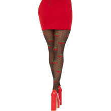 Dresuri LEG AVENUE Cherry Mole Stockings, design cu buline și cireșe roșii, culoare negru, mărime universală