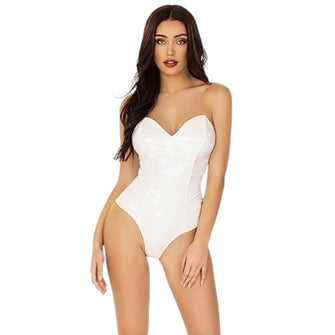 Lenjerie teddy sexy LEG AVENUE Vinyl Bodysuit, body erotic din material lucios, culoare alb, mărime S (2780)