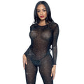 Costum sexy LEG AVENUE Sheer Rhinestone Catsuit, din plasă cu strasuri, cu spate decoltat, negru, mărime XS (85636)