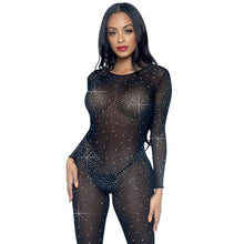 Costum sexy LEG AVENUE Sheer Rhinestone Catsuit, din plasă cu strasuri, cu spate decoltat, negru, mărime S (85636)