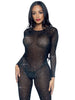 Costum sexy LEG AVENUE Sheer Rhinestone Catsuit, din plasă cu strasuri, cu spate decoltat, negru, mărime M (85636)