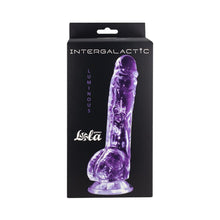 Dildo LOLA Intergalactic Luminous Purple, cu bază cu ventuză pentru fixare, compatibil cu hamuri strap-on, lungime 14 cm, mov transparent