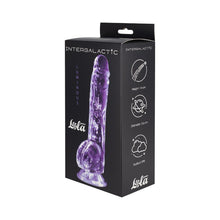 Dildo LOLA Intergalactic Luminous Purple, cu bază cu ventuză pentru fixare, compatibil cu hamuri strap-on, lungime 14 cm, mov transparent