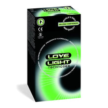 Prezervative LOVE LIGHT TECHNOSEX Glow, din latex, lubrifiate, fosforescente, diametru 52 mm, 12 buc