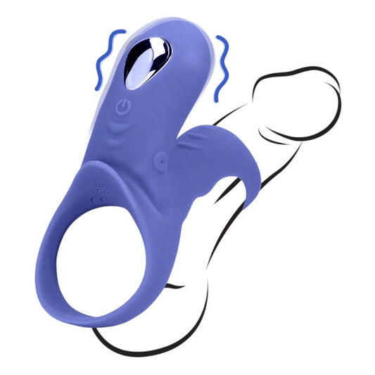Inel vibrator pentru penis LOVELINE Cockring with Clit Stimulation, pentru cupluri, 9 funcții de vibrație, albastru