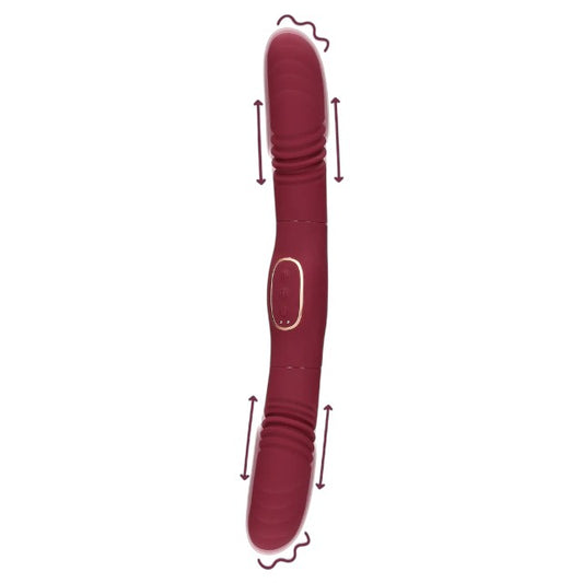 Vibrator dublu LOVELINE Double-Sided Thrusting Vibrator, cu funcție de penetrare automată, 30 funcții de vibrație, 33 cm, roșu