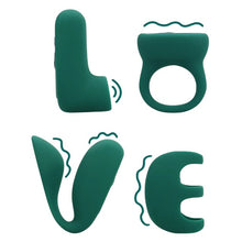 Set jucării erotice LOVELINE ‘Love’ (S)Explore Set, cu stimulator clitoris, vibrator de deget, vibrator pentru cupluri și inel de penis, verde