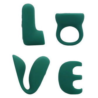 Set jucării erotice LOVELINE ‘Love’ (S)Explore Set, cu stimulator clitoris, vibrator de deget, vibrator pentru cupluri și inel de penis, verde