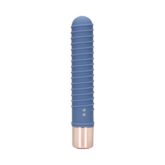 Vibrator LOVELINE Ribbed Mini Vibrator, cu striații pentru stimulare versatilă, 10 funcții de vibrație, lungime 14.1 cm, albastru