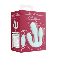 Vibrator triplu LOVELINE Three-In-One Liquid Silicone Vibrator, control prin telecomandă, 10 funcții de vibrație, albastru