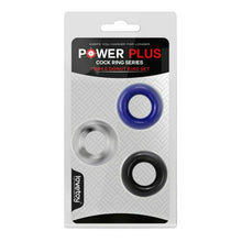 Set 3 inele pentru penis LOVETOY Power Plus Triple Donut Ring Set, din TPE, diametru 1.8 cm, culori albastru, alb și negru