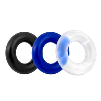Set 3 inele pentru penis LOVETOY Power Plus Triple Donut Ring Set, din TPE, diametru 1.8 cm, culori albastru, alb și negru