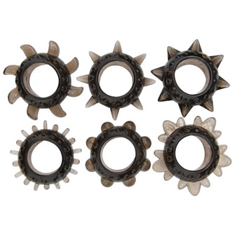 Set 6 inele pentru penis LOVING JOY Textured Rings (6 pack), din TPE, cu texturi variate, culoare negru