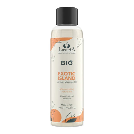 Ulei de masaj LUXURIA Bio Exotic Island, cu uleiuri naturale, fără parabeni, aromă fructată și dulce, 100 ml (portocaliu)